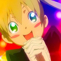 an anime character with green eyes and blonde hair, looking at the camera while holding his hand to his chin