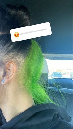 Neon Green Skunk Stripe Hair, Yellow Peekaboo Hair, Skunk Stripe Green, Split Dyed Hair Ideas, Green Skunk Stripe Hair, Green Peekaboo Hair, Green And Brown Hair, Green Skunk Stripe, Rainbow Hair Dye