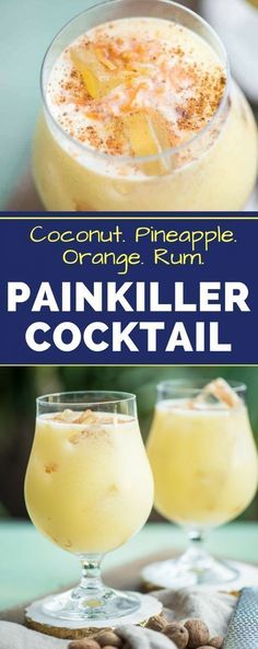 the cover of coconut pineapple orange rum, with two glasses filled with drink and nuts