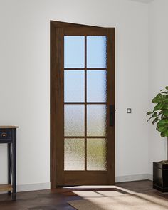 a room with a potted plant on the floor and a glass door to another room