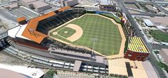 an aerial view of a baseball field and stadium