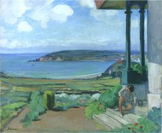 a painting of a person sitting on a porch looking out at the ocean and land