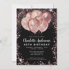 pink and black balloons birthday party card