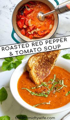 roasted red pepper and tomato soup in a white bowl with toasted bread on the side