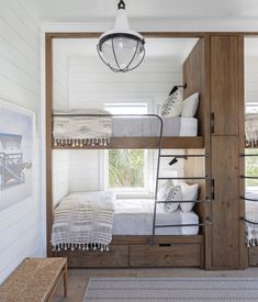 a bedroom with bunk beds and white walls