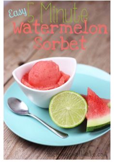 watermelon sorbet is served on a blue plate