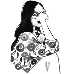 a black and white drawing of a woman holding her hand to her face while looking up