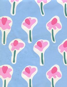 a blue background with pink and white flowers on it's sides, in the shape of hearts