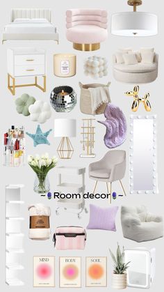 a collage of various furniture and decor items in white, pink, gold, and green