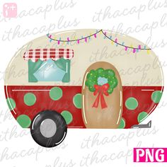 a red and green trailer with a christmas wreath on the front door is shown in this digital