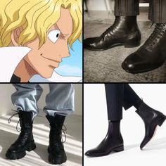 four different pictures of people wearing black shoes and one with blonde hair, the other has blue eyes