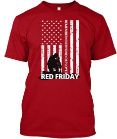 a red t - shirt with an american flag and the silhouette of a soldier on it