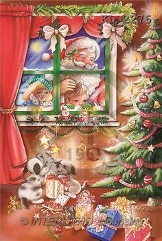 a christmas card with santa and other animals by a window, decorated for the holiday season