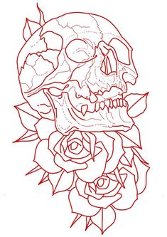 a drawing of a skull with roses on it