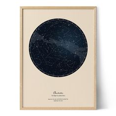 the star map is framed in a wooden frame on a white wall, and it has an image of the night sky