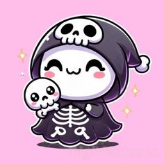 a cartoon character with a skeleton on it's back holding a small child in her arms