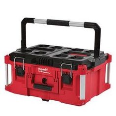 the milwaukee tool box is red with black handles and two large trays on each side