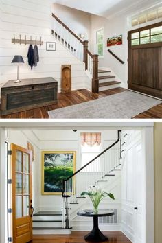 2 Cottage-Style Foyer Ideas Compared Each with Wood Door and Dark Hardwood Flooring Dark Hardwood Flooring, Cozy Aesthetics, Compare Contrast