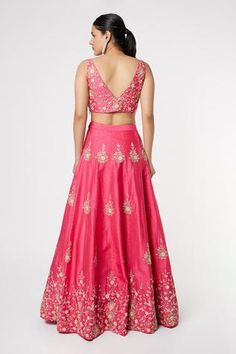 Shop for Masumi Mewawalla Pink Silk Embroidered Lehenga Set for Women Online at Aza Fashions Hot Pink Lehenga, Peacock Couture, V Neck Lehenga, Lehenga With Dupatta, Pink Peacock, Pink Lehenga, Embroidered Lehenga, Sleeveless Gown, Embroidered Neckline