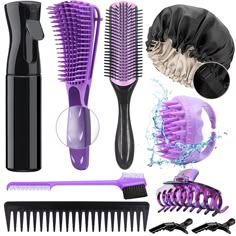 PRICES MAY VARY. 【10 in 1 Detangling Brush Set】: This curly hair brush set includes 1 x 9 row styling nylon detangler brush, 1 x detangling hair brush, 1 x sleep bonnet, 1 x spray bottle for hair, 1 x hair scalp massager shampoo brush, 1 x wide tooth comb, 1 x hair claw clips, 1 x double side edge brush and 2 x alligator hair clips. The best detangling brushes for natural hair can meet your different hair care needs to make washing days easier. 【9-Row Styling Brush】 :9-Row cushion nylon bristle Black Natural Hair, Sleep Bonnet, Curly Hair Brush, Hair Spray Bottle, Hair Brush Set, Detangling Hair Brush, Shampoo Brush, Detangling Brush, Natural Hair Styles Easy