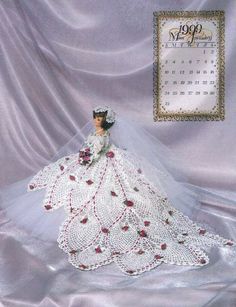 a crocheted wedding gown with veil and flowers on it, in front of a purple background