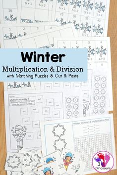 winter addition and division worksheet with matching puzzles and cut & pastes for kids