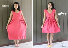 a woman standing next to a wooden wall wearing a pink dress and yellow shoes with the caption before and after