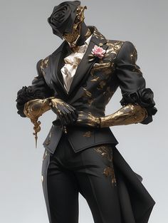 a black and gold suit with roses on it