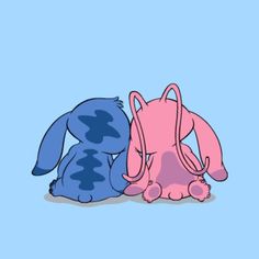 two stuffed animals sitting next to each other on top of a blue and pink background