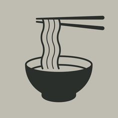 a bowl with noodles and chopsticks is shown in this black and white illustration