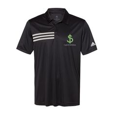 a black polo shirt with a dollar symbol on the chest and white stripes around the collar