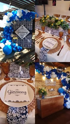 the table is decorated with blue and white balloons