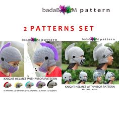 three different knitted helmets with flowers on the top and bottom, one for children to wear