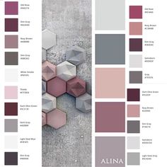 the color scheme is shown in shades of pink, grey and white with an image of hexagonal shapes