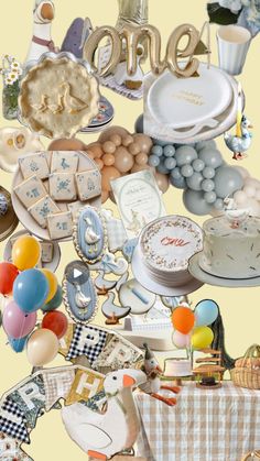 a collage of various items including balloons, plates and cake