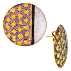 For an earring that debuted in the middle of the 1970s these present a beautifully abstract and distinctly modern vibe. 24k gold over sterling silver with warm purple and mauve enamel work. Measures about 1 inch in diameter.Vintage stock from the 1970's - they were designed by Shashi Singapuri for Laurel Burch's Laurel Inc line and crafted by hand. Warm Purple, Cloisonne Enamel Jewelry, Horse Sweater, Cloisonne Earrings, Gold Vermeil Jewelry, Purple Jewelry, Laurel Burch, Vermeil Jewelry, Modern Vibe