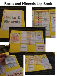 the rocks and minerals lap book is shown in four different pictures, including an image of