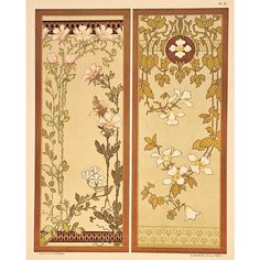 two panels with flowers and leaves on them