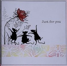 a card with two mouses and a flower on the front that says, just for you