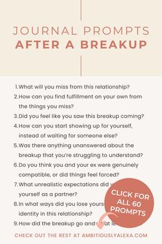 journal prompts for healing from a breakup Break Up Journal Prompts, Daily Journal Prompts For Teens, Enjoy Single Life, Break Up Journal, Breakup Journal Prompts, Boyfriend Journal, Breakup Journal, Healing Breakup