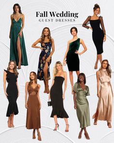 several women in different dresses posing for a magazine cover with the caption fall wedding guest dresses