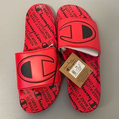 Nwt Champion Ipo It Print Red / Black Color Slide Men's Sandals Size 14 In Box Red Sporty Sandals For Streetwear, Sporty Red Sandals For Streetwear, Red Cushioned Slides For Streetwear, Red Synthetic Sandals For Streetwear, Red Casual Sandals For Streetwear, Comfortable Red Sandals For Outdoor, Casual Red Slides For Outdoor, Red Slip-on Slides For Outdoor, Red Outdoor Sandals With Cushioned Footbed