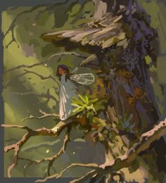 a painting of a fairy sitting on a tree branch