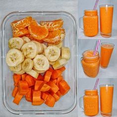 carrots, bananas, and orange slices are arranged in a clear container with smoothies