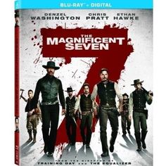 the magnificent seven movie poster with four men in black and white outfits, all standing together