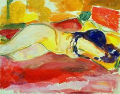 a painting of a woman laying down on a red blanket with her legs spread out