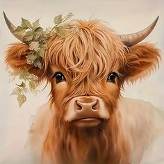 a painting of a brown cow with horns and flowers in it's hair is looking at the camera