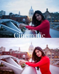 two photos with the words portrait pro, cinematic and an image of a woman in red