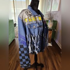 Ladies! This Denim Jacket Will Bring All The Boys To The Yard!! Pictures Don't Do It Justice!! Edgy Medium Wash Denim Jacket, Edgy Medium Wash Outerwear For Streetwear, Edgy Denim Blue Outerwear For Streetwear, Punk Style Denim Jacket For Streetwear, Blue Long Sleeve Grunge Denim Jacket, Blue Cotton Grunge Denim Jacket, Edgy Blue Denim Jacket With Pockets, Blue Grunge Denim Jacket For Spring, Spring Grunge Denim Jacket With Patches