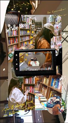 a collage of two pictures with people in the background and bookshelves behind them